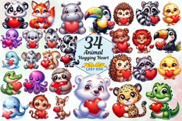 Animal Hugging Heart Clipart: 34 PNGs for Your Creative Projects