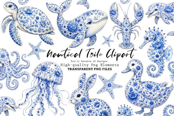 Chinoiserie Blue Sea Animals Clipart: Coastal Elegance in Design