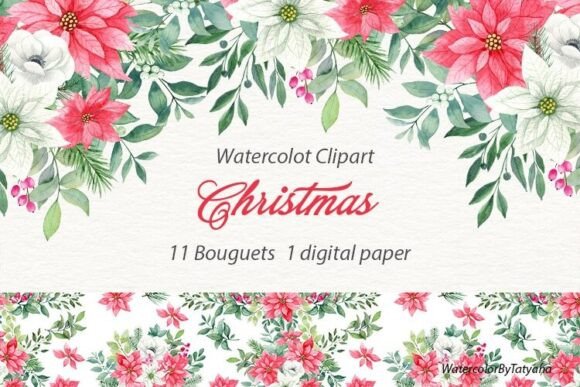 Clipart Christmas Bouquets Poinsettia: Watercolor Art for Festive Projects