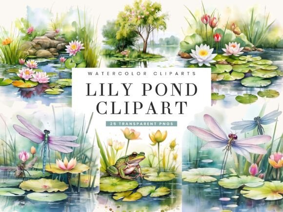 Discover the Watercolor Lily Pond Clipart Bundle for Serene Designs