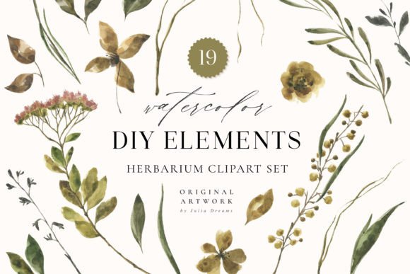 Herbarium Watercolor Digital Clipart: Natural Elegance