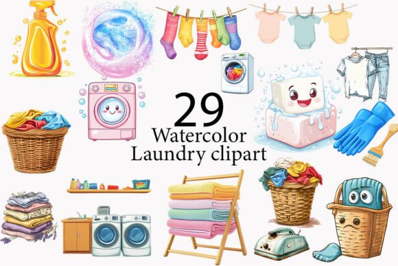 Laundry Watercolor Clipart Bundle: Creative Design Assets